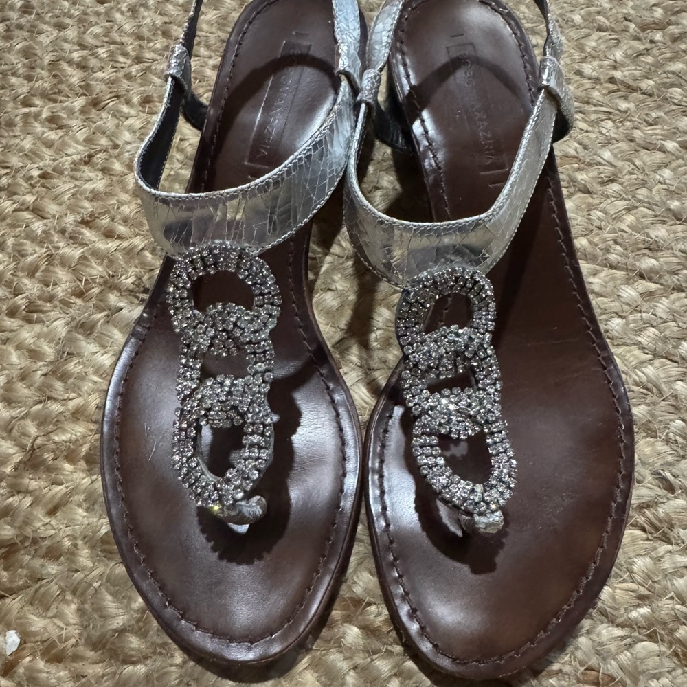 BCBGMaxAzria Silver and Brown Sandals with Rhinestone T-Strap